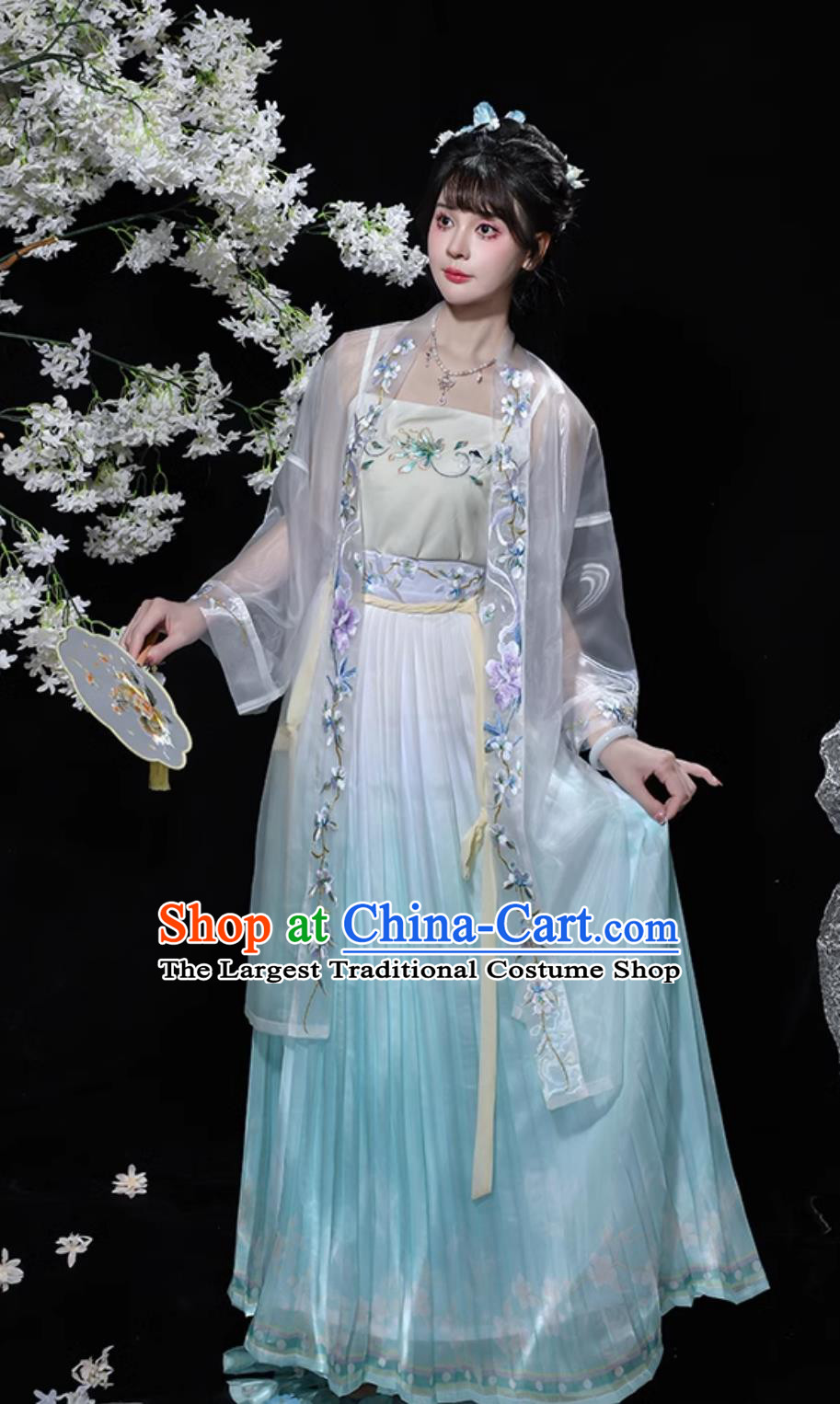 Chinese Song Dynasty Hanfu Ancient Young Lady Embroidered Blue Dress Traditional China Woman Clothing