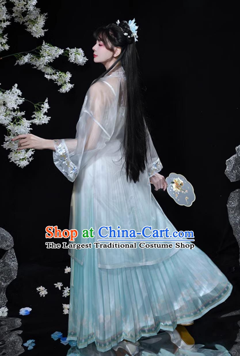 Chinese Song Dynasty Hanfu Ancient Young Lady Embroidered Blue Dress Traditional China Woman Clothing