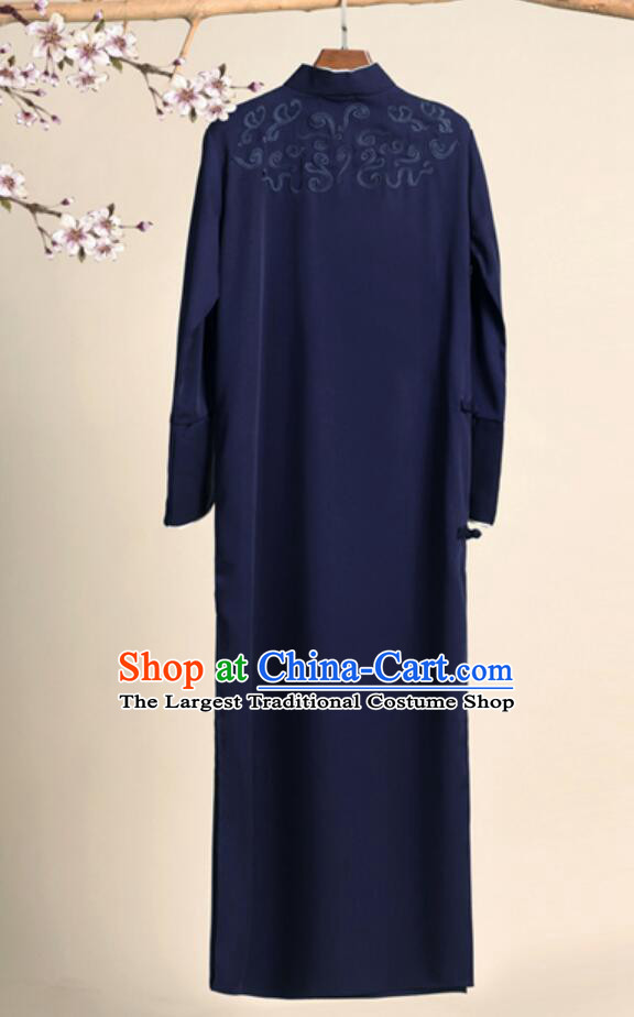Chinese Cross Talke Clothing Navy Blue Long Robe Traditional Republic of China Costume for Men