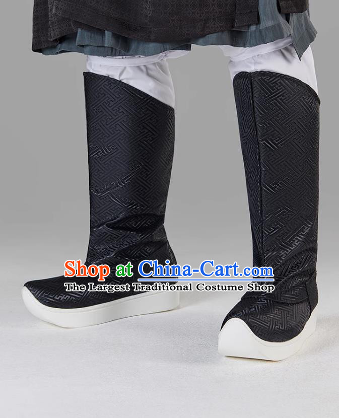 Ancient China Imperial Bodyguard Black Brocade Boots Traditional Hanfu Shoes Chinese Ming Dynasty Swordsman Boots