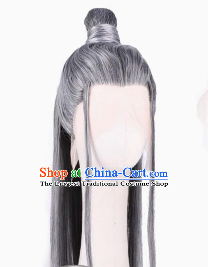 Handmade Front Lace Grey Wig Chinese Ancient Swordsman Wig Traditional Hanfu Hero Headdress