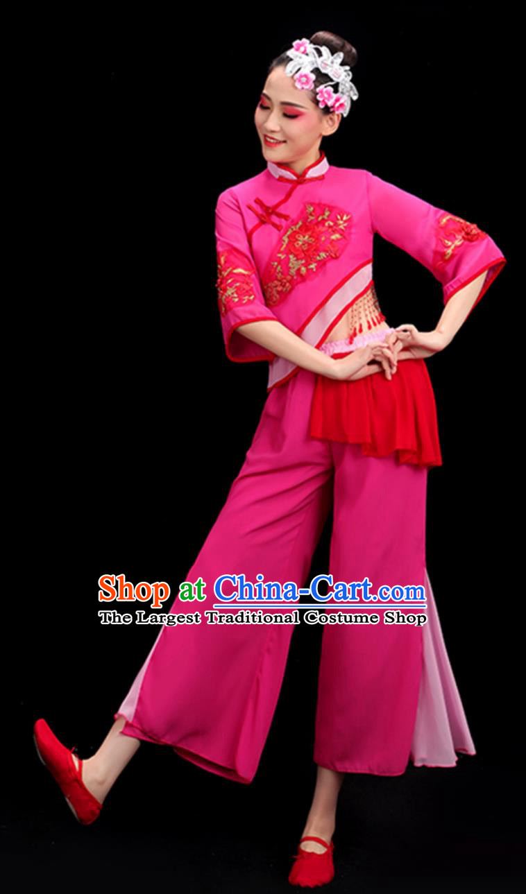 Traditional Chinese Folk Dance Costume Women Group Dance Clothing China Fan Dance Yangko Dance Rosy Outfit