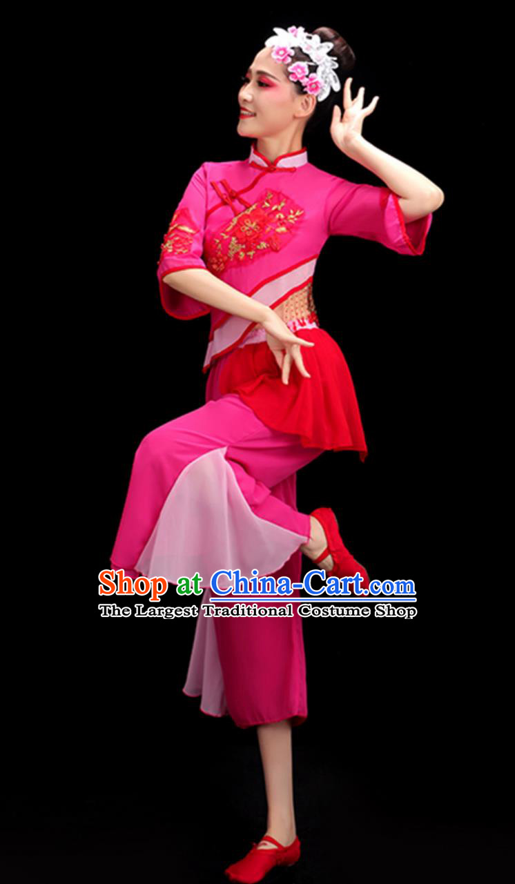 Traditional Chinese Folk Dance Costume Women Group Dance Clothing China Fan Dance Yangko Dance Rosy Outfit