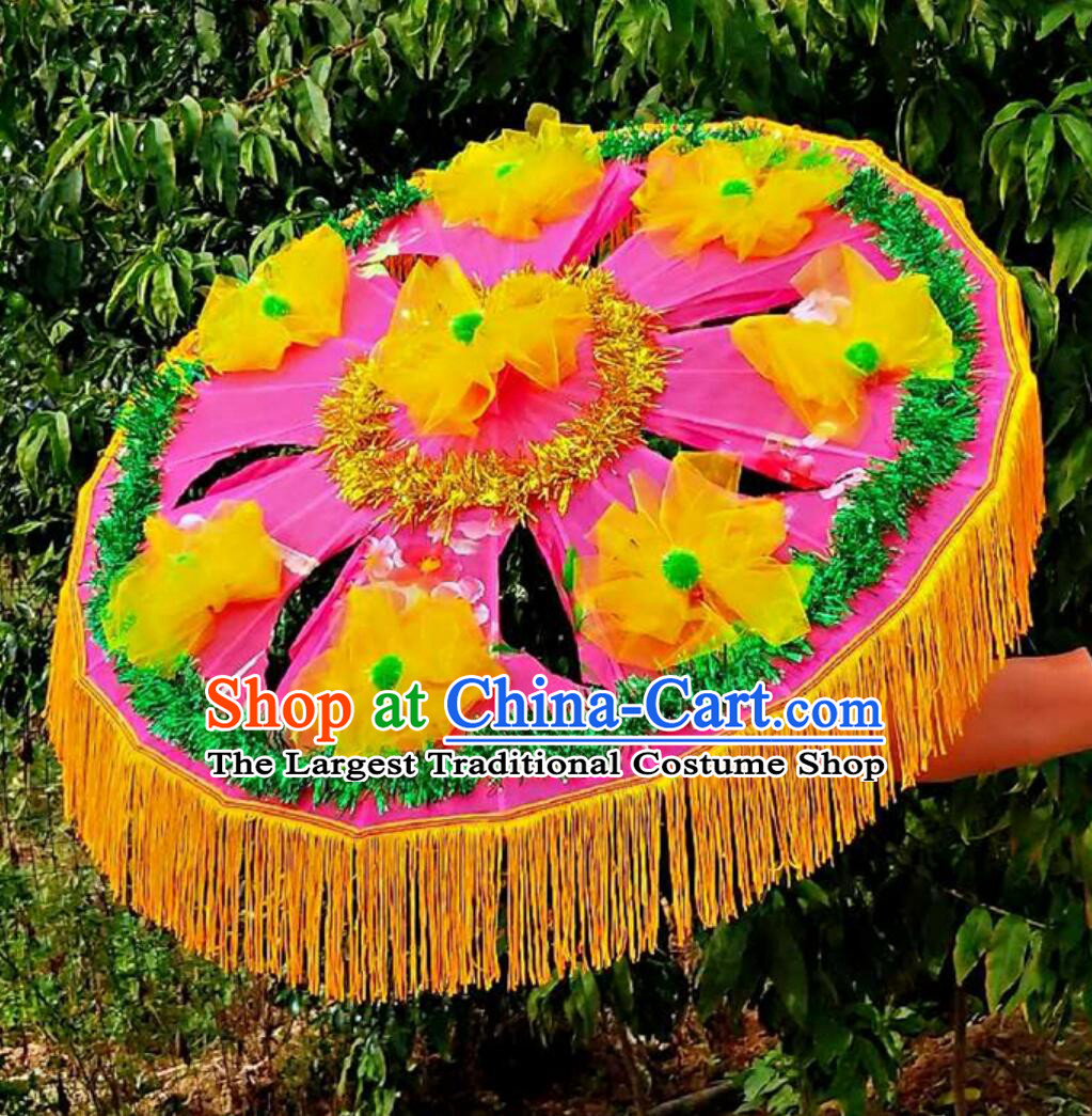 Pink Handmade Yangko Dance Umbrella Traditional Women Group Dance Flower Umbrella Chinese Folk Dance Prop