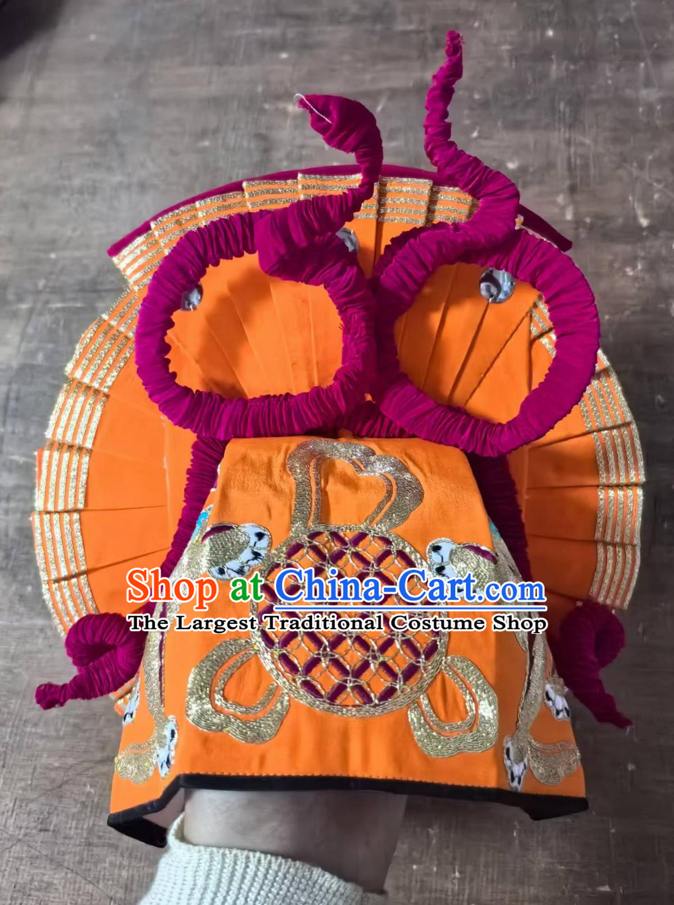 China Cantonese Opera Warrior Headgear Handmade Chinese Beijing Opera Wusheng Orange Hat