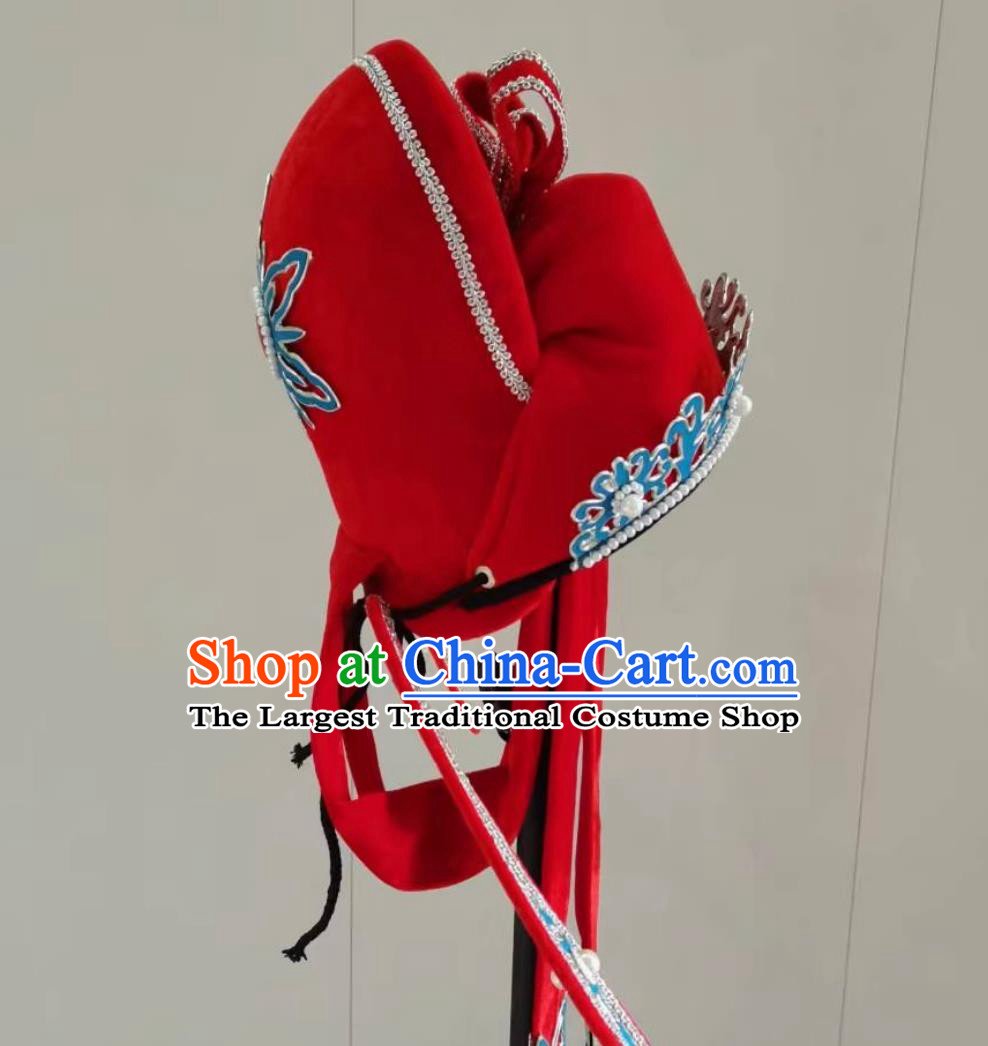 Chinese Beijing Opera Groom Headgear Handmade Traditional Opera Scholar Red Hat China Beijing Opera Xiaosheng Headwear