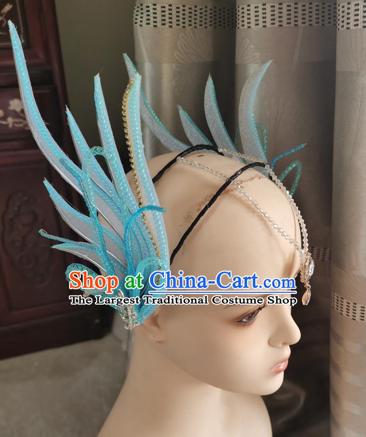 Chinese Spring Festival Gala Opening Dance Blue Hair Stick Classical Dance Headpiece Handmade Folk Dance Headdress