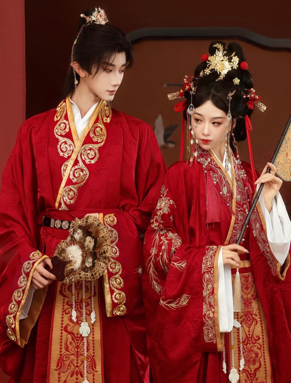 Chinese Hanfu Wedding Dresses Ancient Warring States Robes Bride and Groom Embroidery Costumes Complete Set
