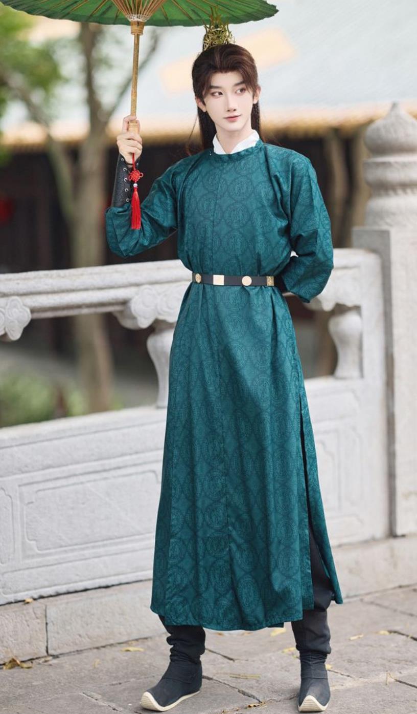 Dark Green Tang Dynasty Round Collar Robe Ancient Chinese Scholar Attire Traditional Hanfu Clothing