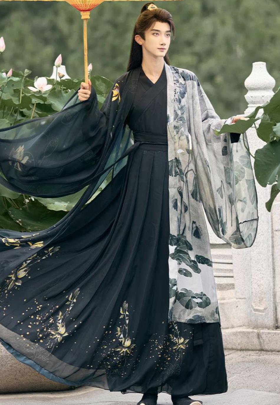Ancient Chinese Scholar Costume Wuxia Hero Outfit Traditional Hanfu Da Xiu Shan Cross Collar Shirt and Skirt Complete Set