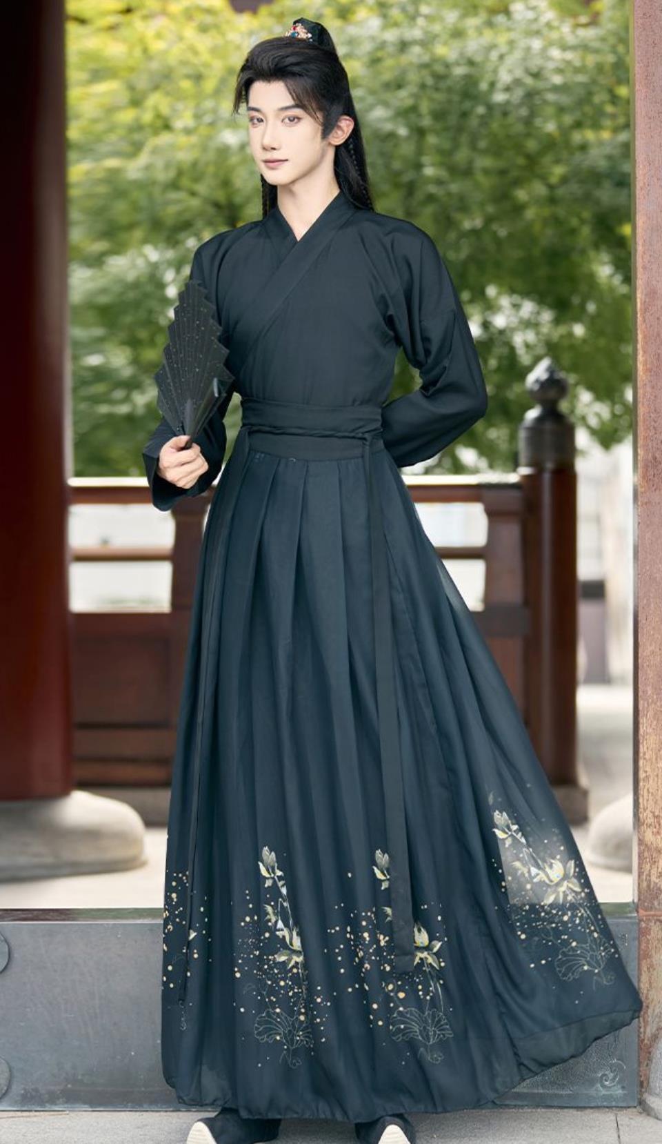 Ancient Chinese Scholar Costume Wuxia Hero Outfit Traditional Hanfu Da Xiu Shan Cross Collar Shirt and Skirt Complete Set