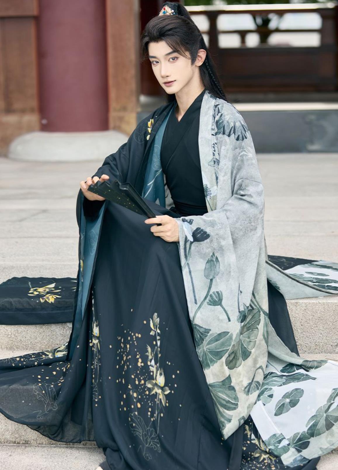 Ancient Chinese Scholar Costume Wuxia Hero Outfit Traditional Hanfu Da Xiu Shan Cross Collar Shirt and Skirt Complete Set