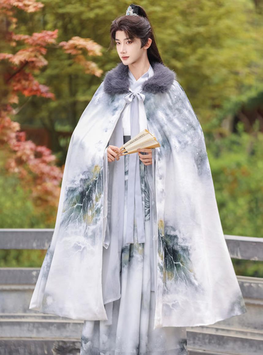 Mens Hanfu Cape Traditional Chinese Fur Collar Long Cloak Woolen Plush Print Mantle