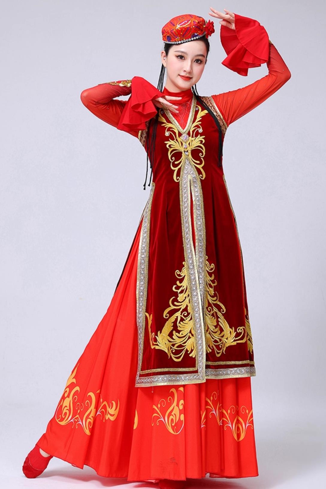 Xinjiang Dance Performance Costume Red Velvet Uyghur Dance Dress Chinese Ethnic Dance Clothing