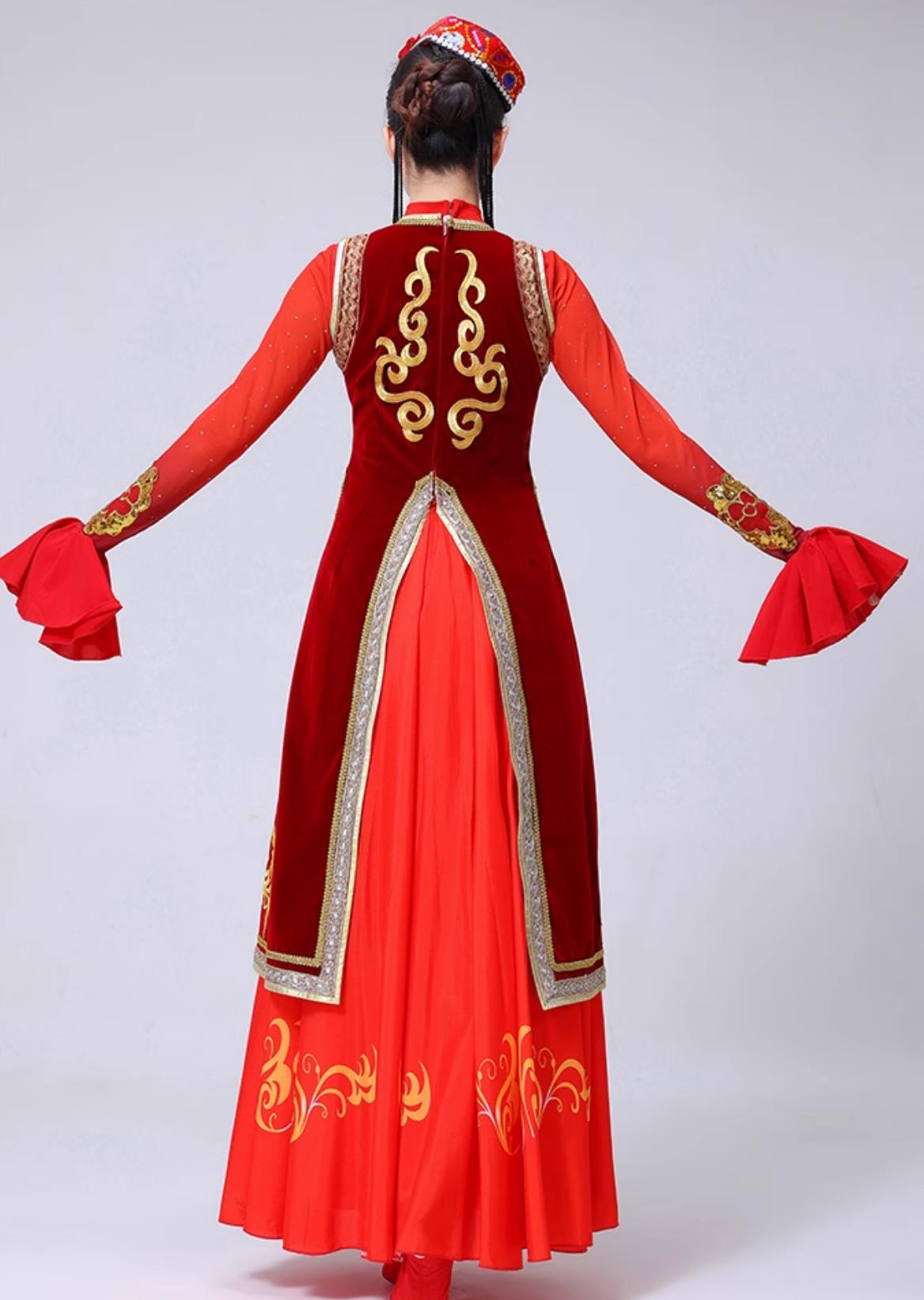 Xinjiang Dance Performance Costume Red Velvet Uyghur Dance Dress Chinese Ethnic Dance Clothing