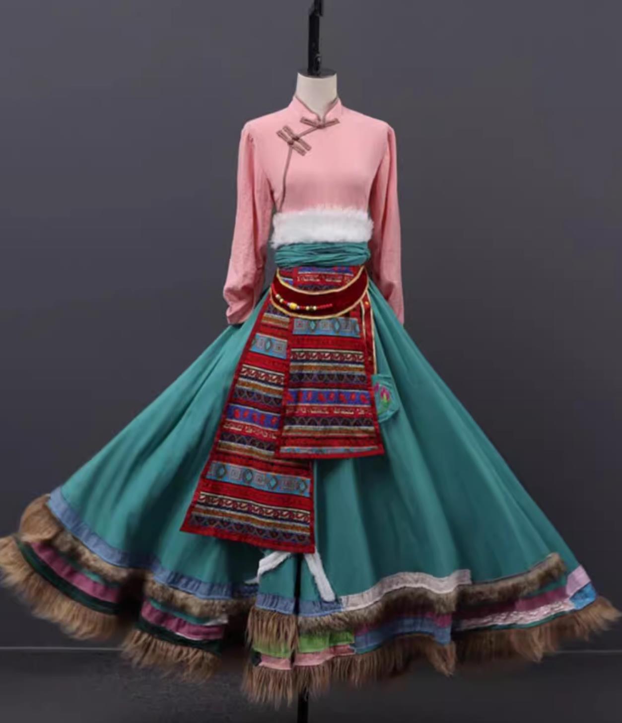 Spring Sowing Tibetan Dance Costume Women Zang Ethnic Folk Dance Clothing Chinese Stage Performance Tibetan Robe