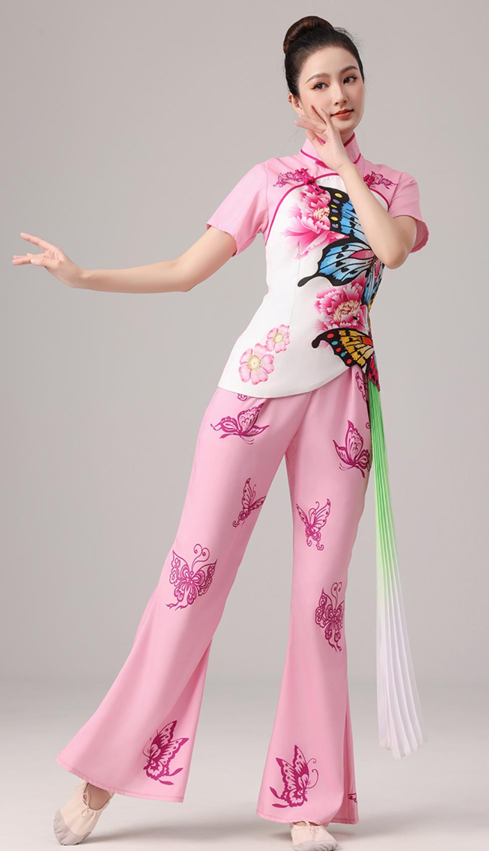 Jiaozhou Yangko Performance Costume Beijing Opera Charming Hua Dan Dance Pink Outfit Chinese Fan Classical Dance Clothing