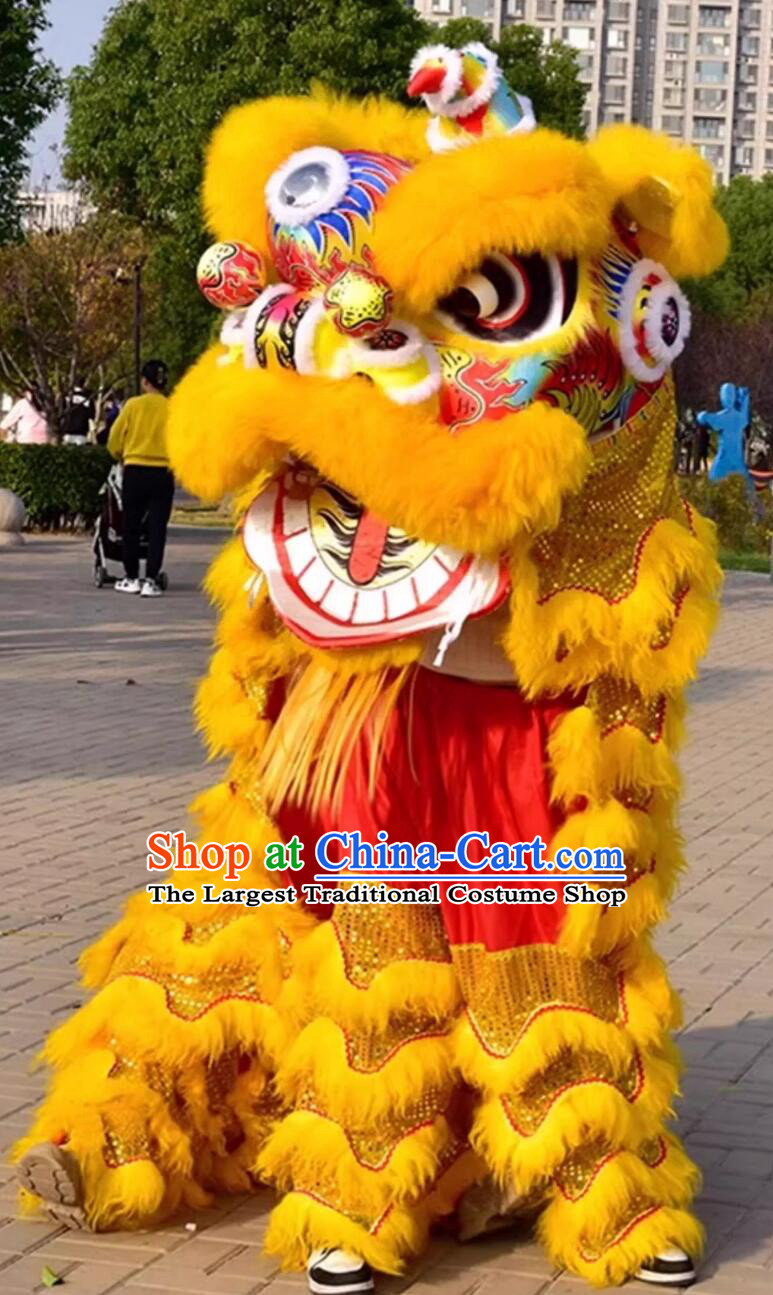 Chinese Festival Dancing Lion Clothing Traditional Golden Wool Lion Dance Costume Handmade Fut San Lion Head Complete Set