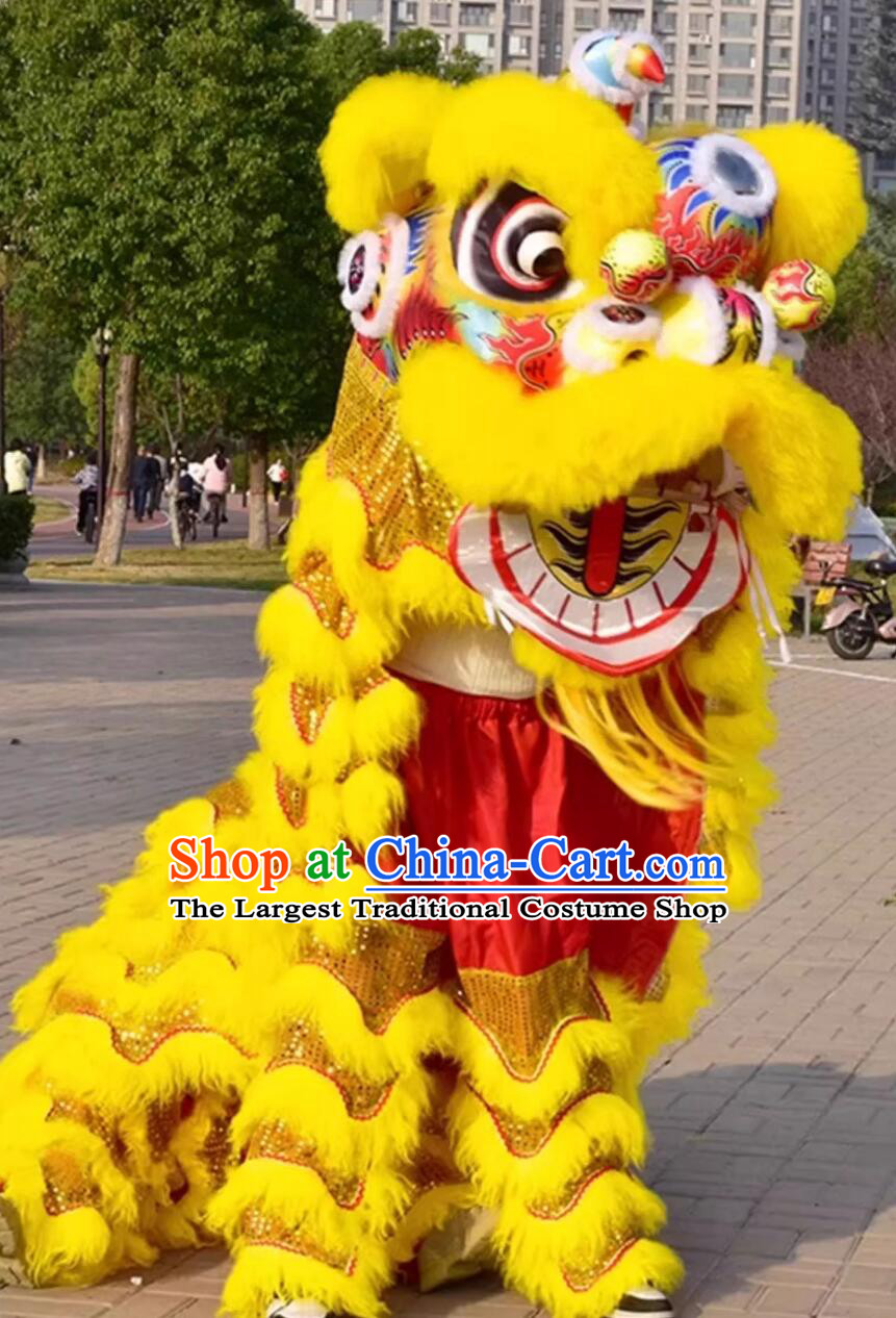 Chinese Festival Dancing Lion Clothing Traditional Golden Wool Lion Dance Costume Handmade Fut San Lion Head Complete Set