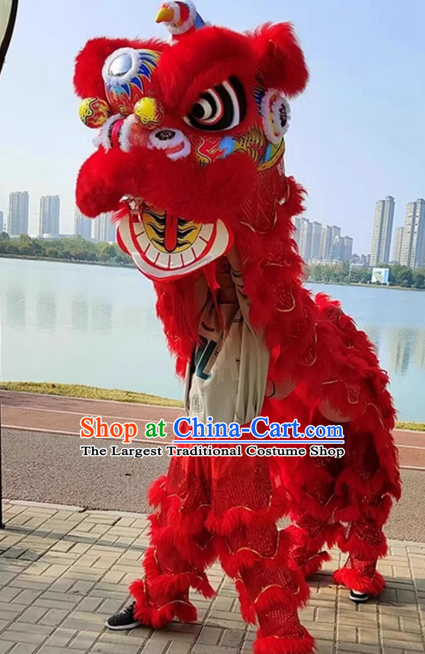 Handmade Fut San Lion Head Chinese Festival Dancing Lion Clothing Traditional Red Wool Lion Dance Costume Complete Set