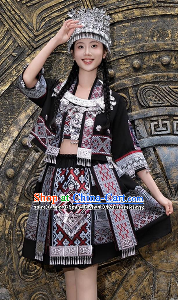 Hmong Minority Women Stage Performance Black Short Dress Chine Miao San Yue San Festival Ethnic Costume