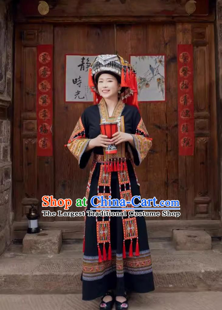 Guangxi Zhuang Ethnic Costume Women San Yue San Festival Embroidered Gown Chinese Stage Show Attire