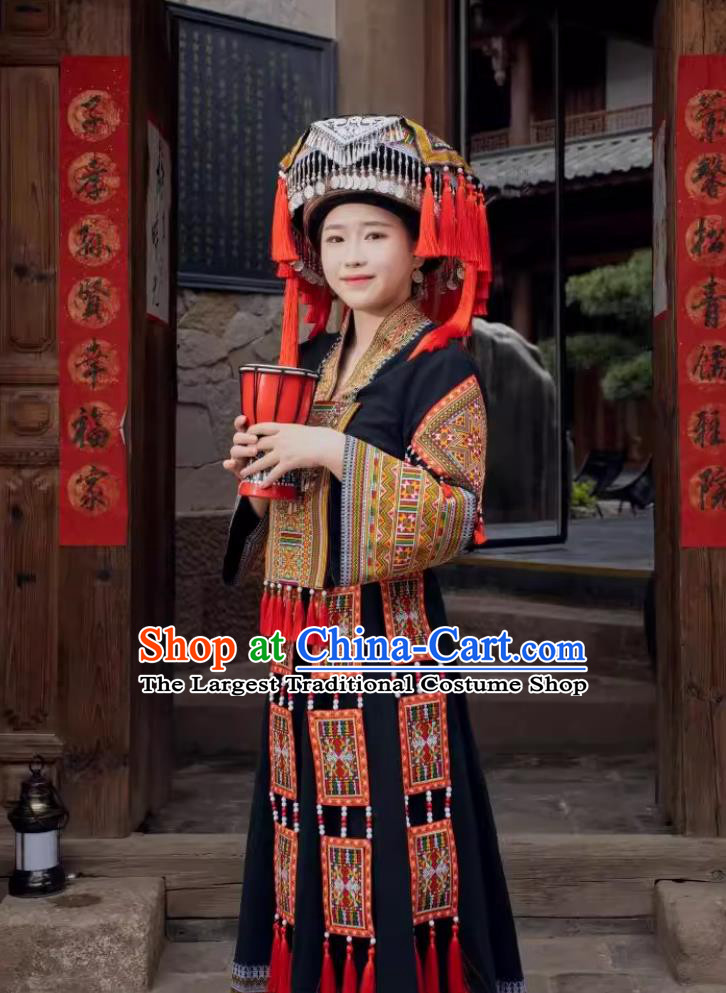 Guangxi Zhuang Ethnic Costume Women San Yue San Festival Embroidered Gown Chinese Stage Show Attire