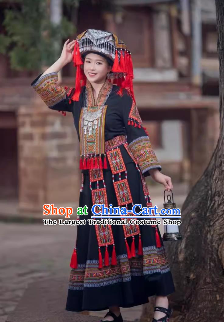 Guangxi Zhuang Ethnic Costume Women San Yue San Festival Embroidered Gown Chinese Stage Show Attire