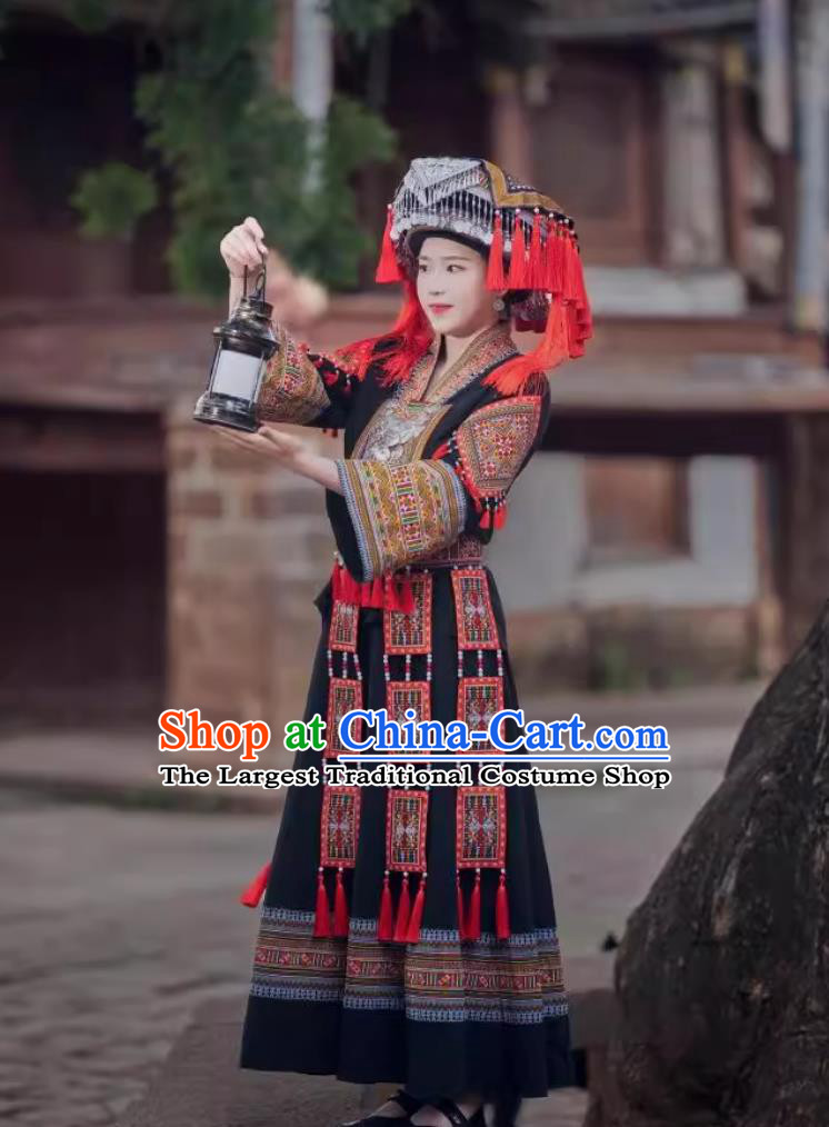 Guangxi Zhuang Ethnic Costume Women San Yue San Festival Embroidered Gown Chinese Stage Show Attire