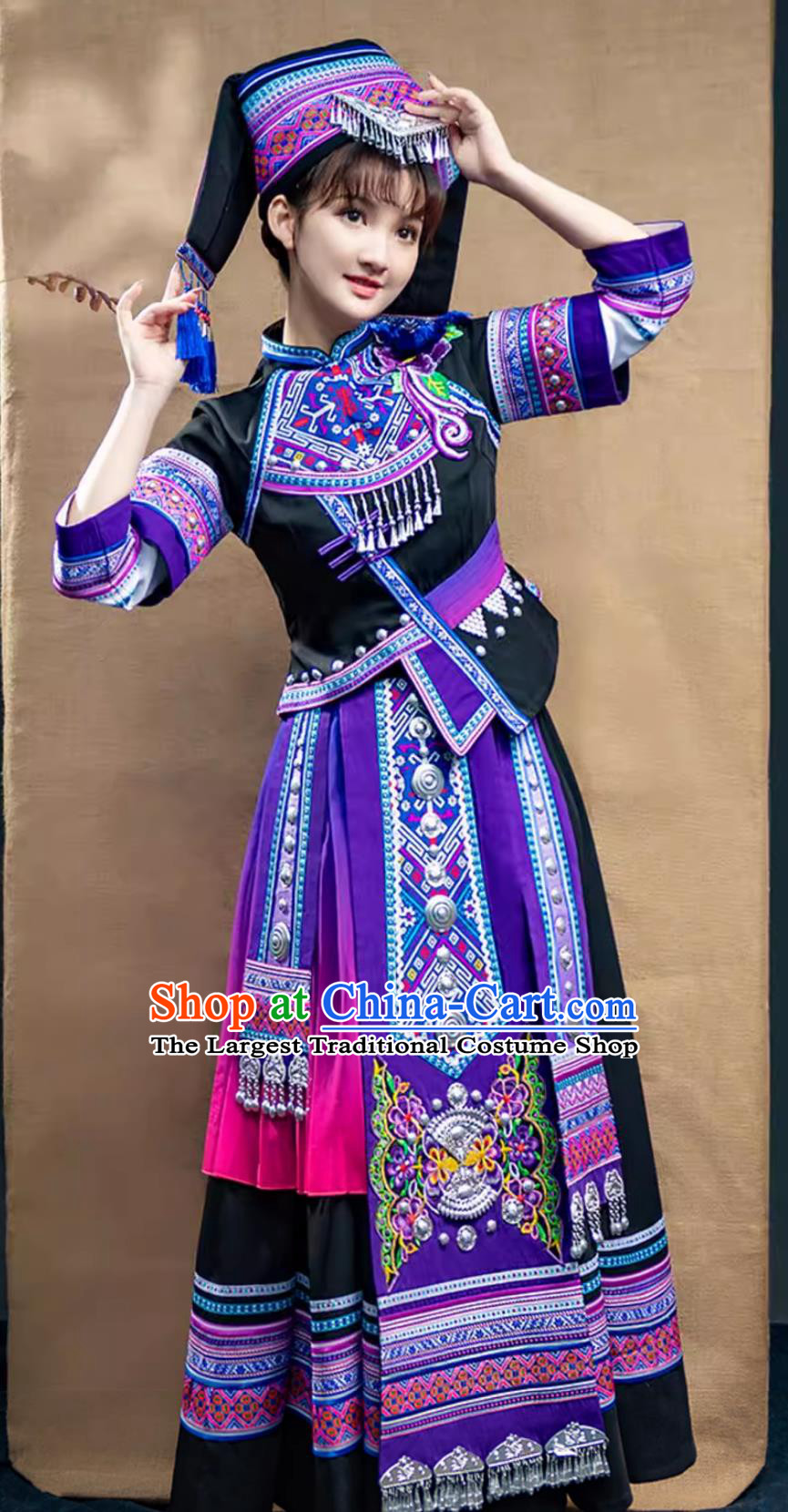 Guangxi Zhuang Ethnic Costume Women San Yue San Festival Performance Dress Chinese Minority Embroidered Gown