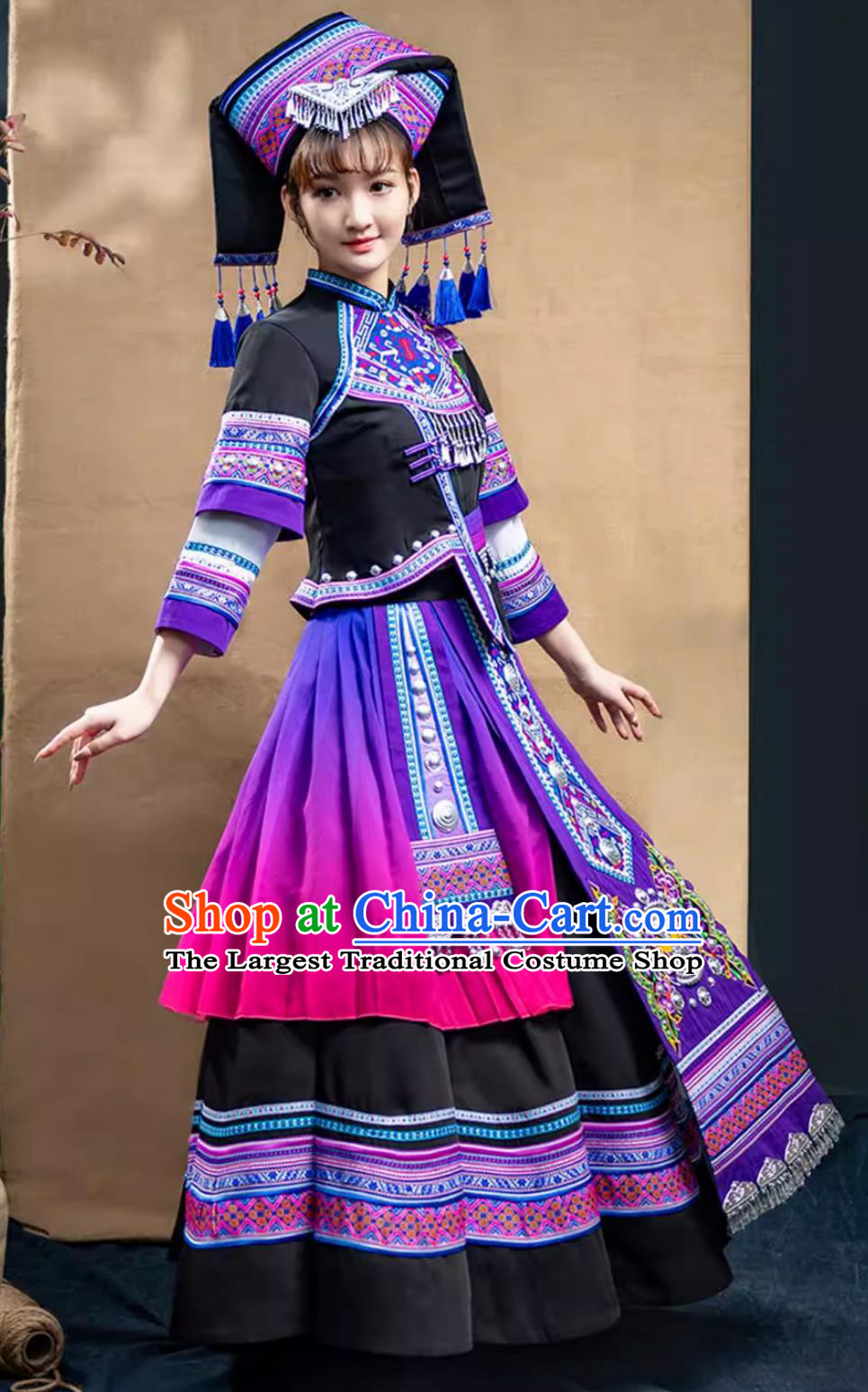 Guangxi Zhuang Ethnic Costume Women San Yue San Festival Performance Dress Chinese Minority Embroidered Gown