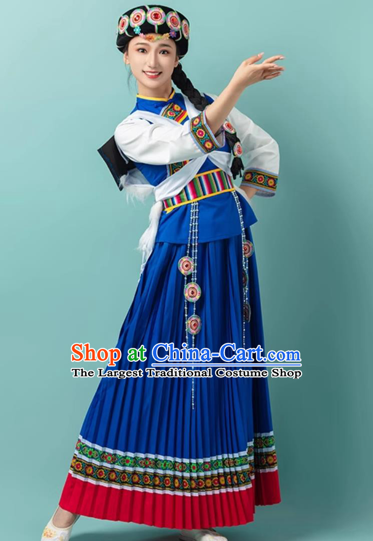 Chinese Naxi Ethnic Minority Costume Traditional Yunnan Folk Dance Performance Blue Attire