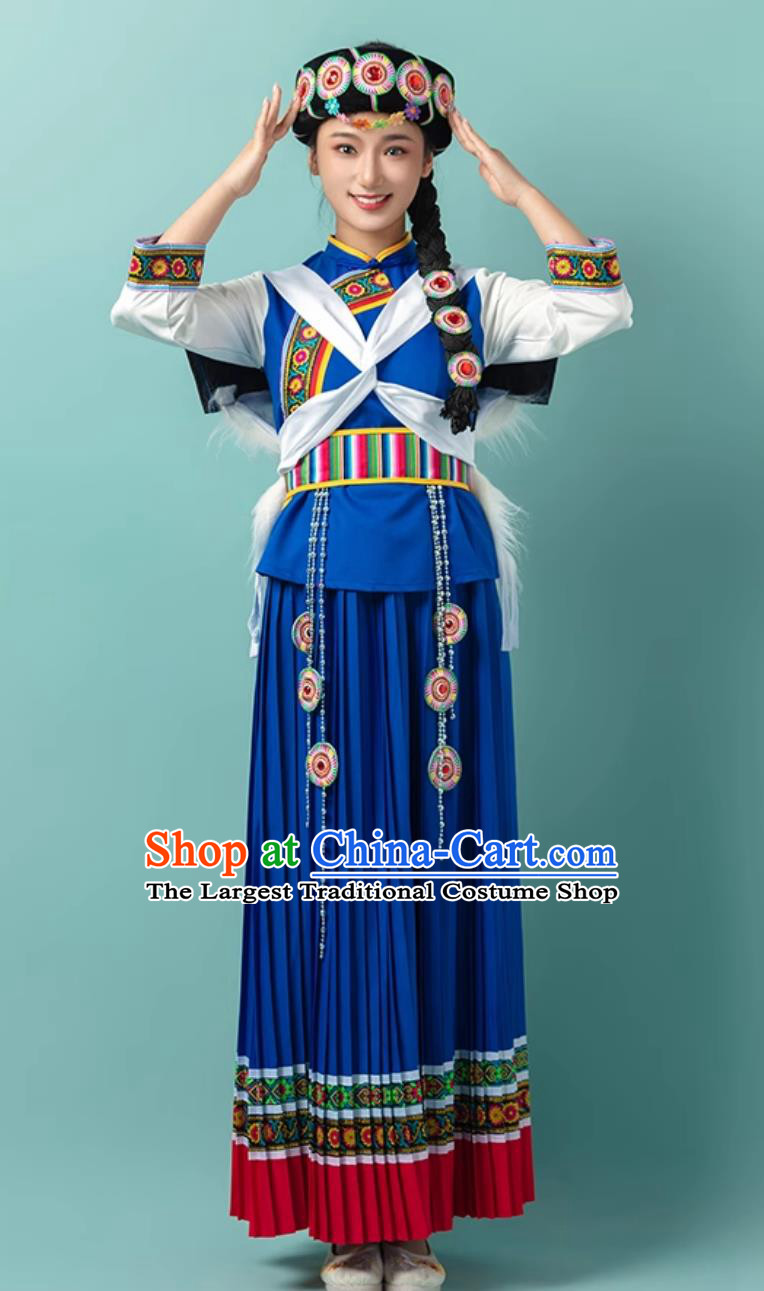 Chinese Naxi Ethnic Minority Costume Traditional Yunnan Folk Dance Performance Blue Attire