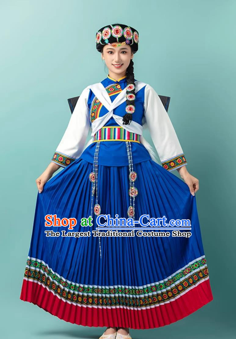 Chinese Naxi Ethnic Minority Costume Traditional Yunnan Folk Dance Performance Blue Attire