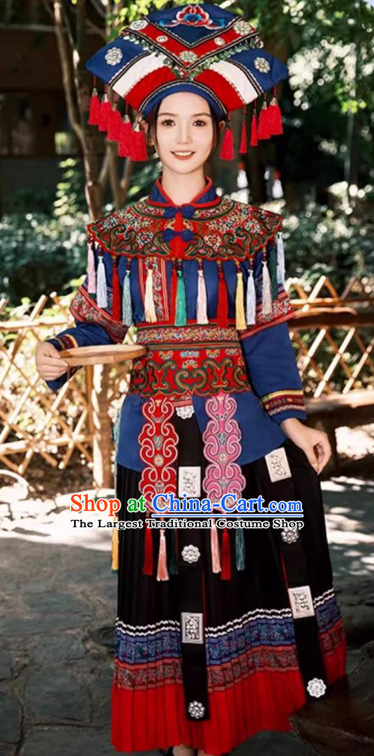 Chinese Dong Ethnic Costume Women Guizhou Minority Embroidered Attire Folk Dance Performance Gown
