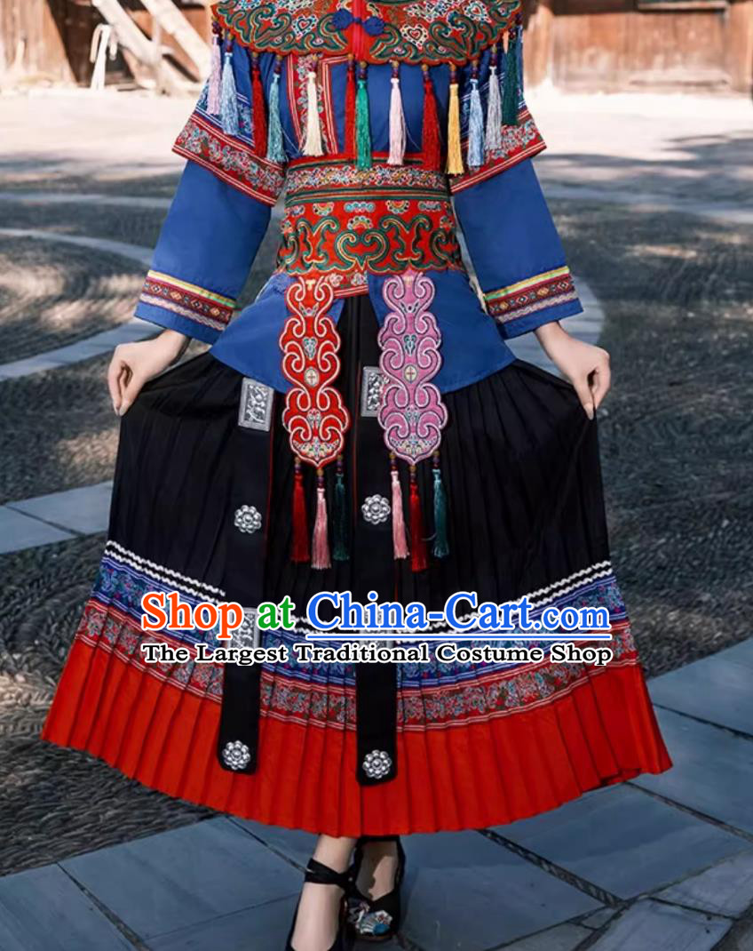 Chinese Dong Ethnic Costume Women Guizhou Minority Embroidered Attire Folk Dance Performance Gown