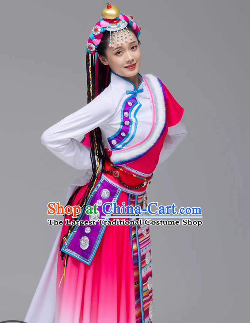 Magenta Tibetan Ceremonial Gown Chinese Ethnic Dance Costume Zang Minority Performance Dress