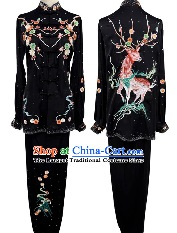 Embroidery Deer Qigong Mantis Martial Arts Performance Costume Chinese Wushu Competition Costume Traditional Tai Chi Black Suit