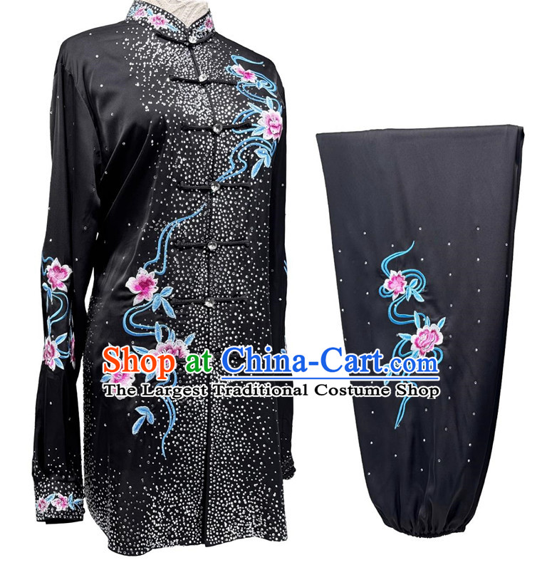 Embroidery Wushu Competition Costume Chinese Kung Fu Performance Clothing Starry Sky Black Tai Chi Suit