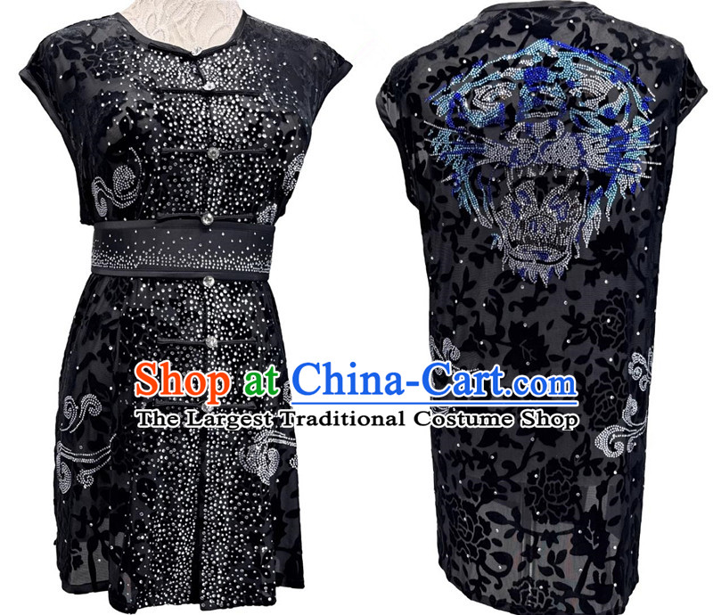Semi Transparent Burnout Diamonds Southern Fist Nanquan Performance Costume Wushu Competition Black Uniform Chinese Kung Fu Clothing for Men