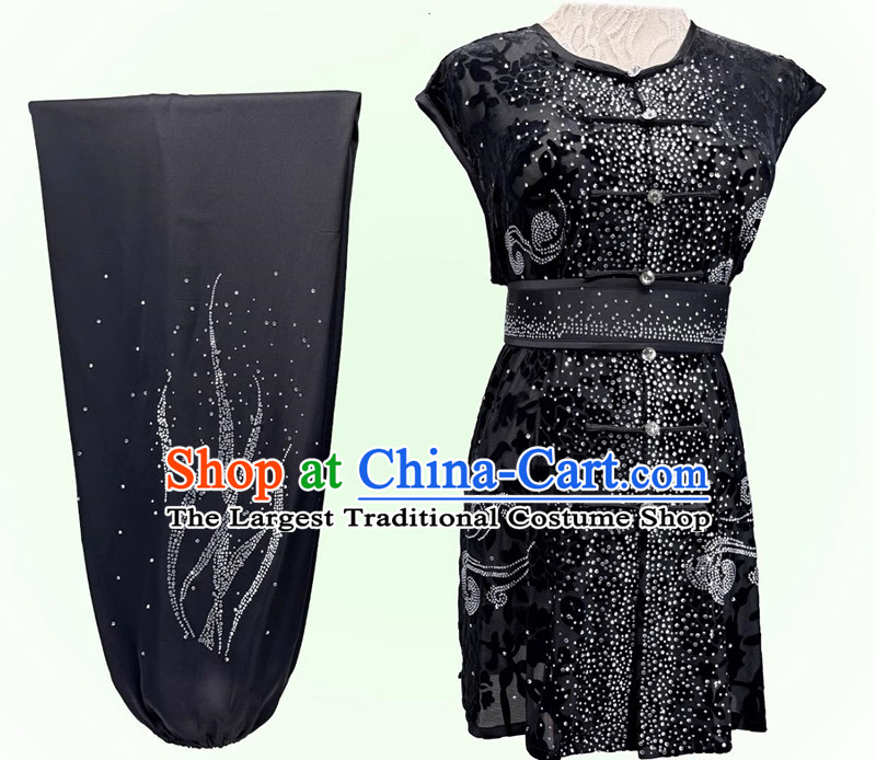 Semi Transparent Burnout Diamonds Southern Fist Nanquan Performance Costume Wushu Competition Black Uniform Chinese Kung Fu Clothing for Men