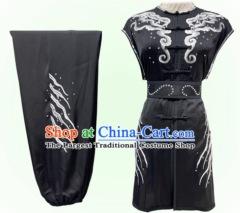 Embroidery Southern Fist Wushu Competition Costume Kung Fu Team Performance Black Uniform Chinese Martial Arts Nanquan Clothing