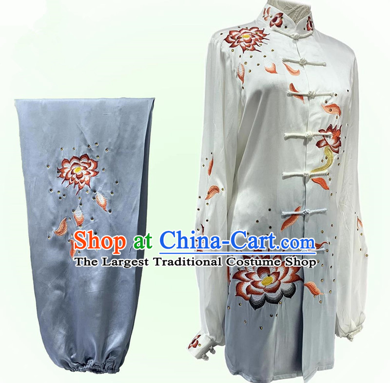 Embroidery Lotus Tai Chi Suit Chinese Baduanjin Wuqinxi Qigong Wushu Competition Performance Clothing
