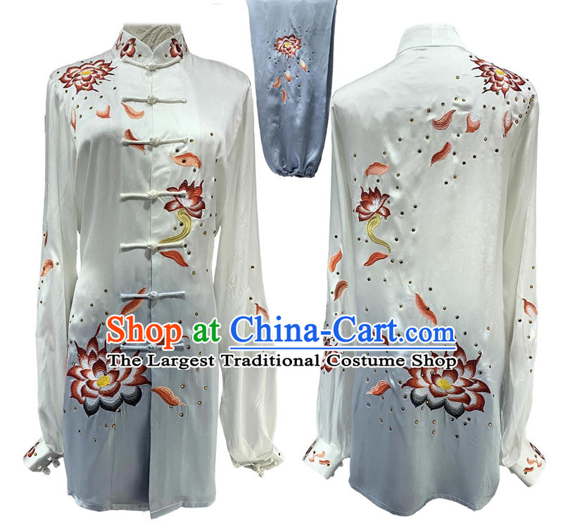 Embroidery Lotus Tai Chi Suit Chinese Baduanjin Wuqinxi Qigong Wushu Competition Performance Clothing