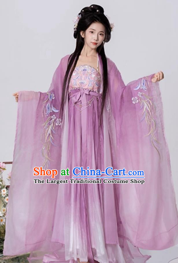 Ancient Fairy Embroidery Purple Dress Traditional Chinese Hanfu Women Tang Dynasty Hezi Qun Wide Sleeve Cloak Complete Set