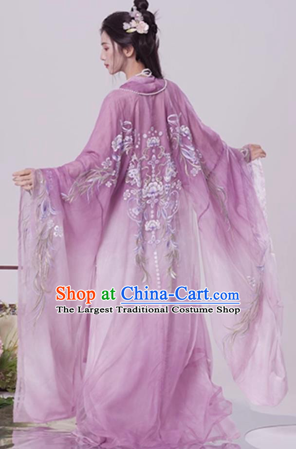 Ancient Fairy Embroidery Purple Dress Traditional Chinese Hanfu Women Tang Dynasty Hezi Qun Wide Sleeve Cloak Complete Set