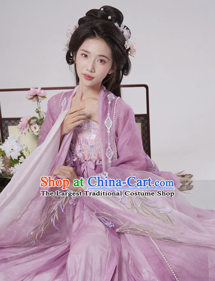 Ancient Fairy Embroidery Purple Dress Traditional Chinese Hanfu Women Tang Dynasty Hezi Qun Wide Sleeve Cloak Complete Set