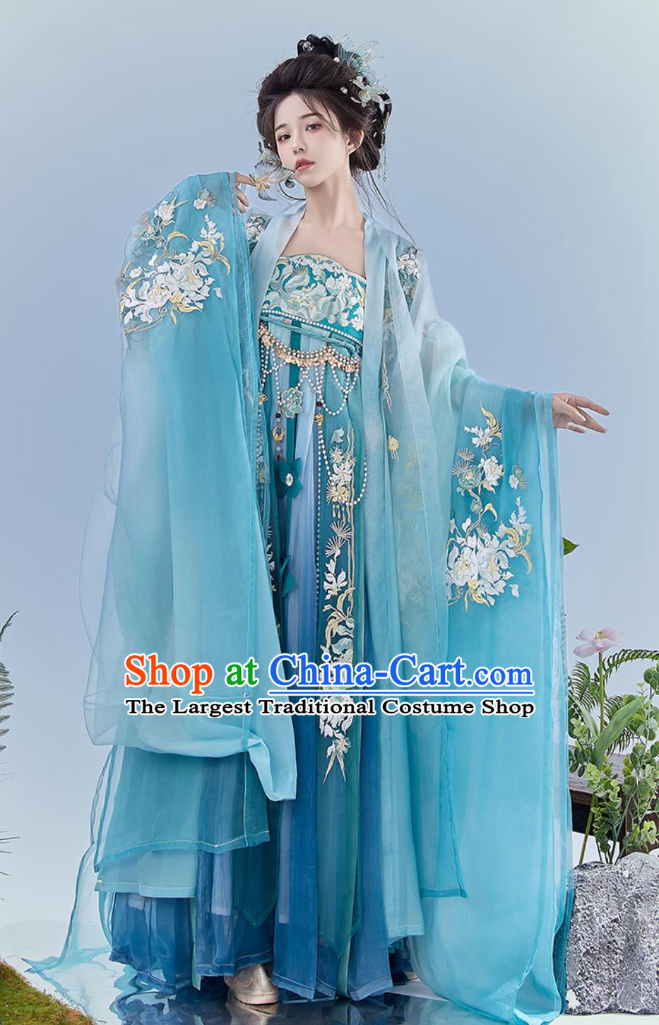 Chinese Tang Dynasty Blue Large Sleeve Gown Hezi Dress Ancient Princess Heavy Embroidery Hanfu Traditional Clothing Set