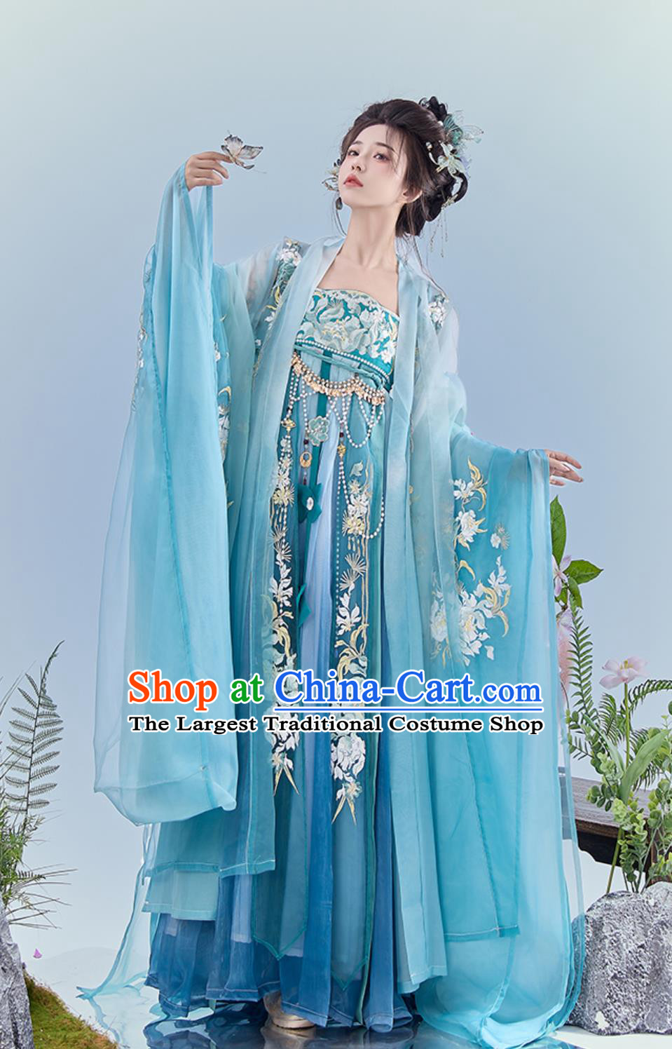 Chinese Tang Dynasty Blue Large Sleeve Gown Hezi Dress Ancient Princess Heavy Embroidery Hanfu Traditional Clothing Set