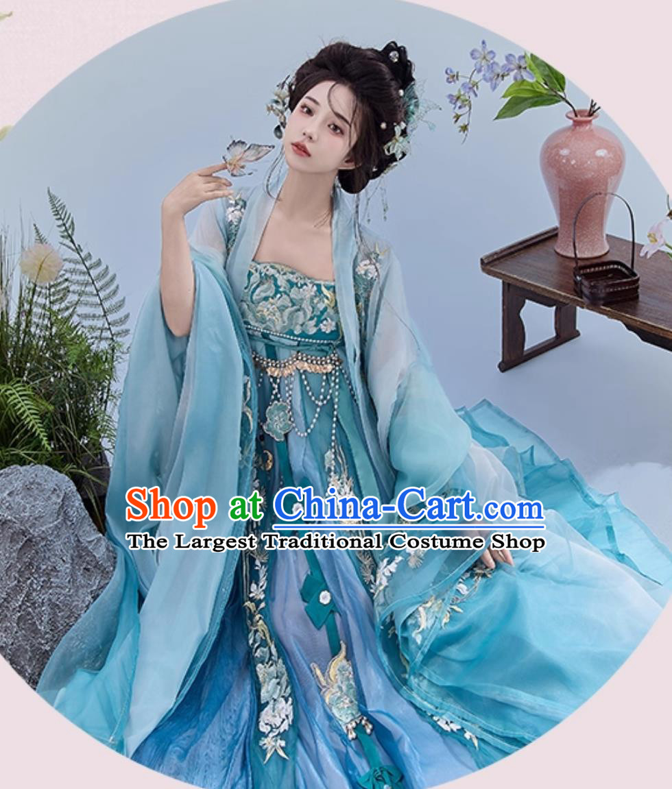 Chinese Tang Dynasty Blue Large Sleeve Gown Hezi Dress Ancient Princess Heavy Embroidery Hanfu Traditional Clothing Set